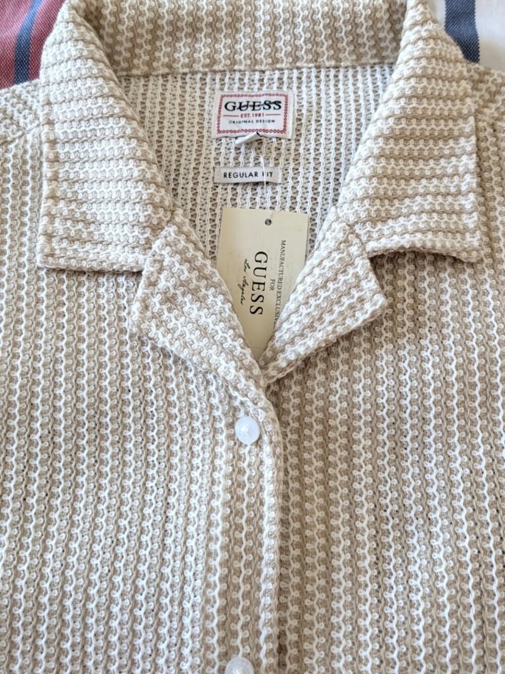 Guess Mens Open Knit Crochet Button Front Shirt Camp Collar Beige Tan White NWT